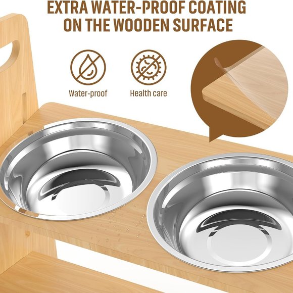 NEW-Elevated Adjustable Wooden Dog Bowls Stand with Stainless Steel Dog Bowls - Picture 5 of 5